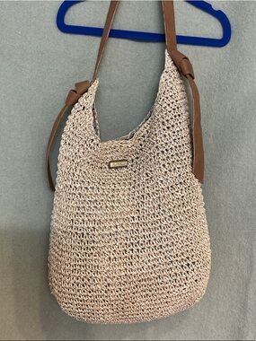 Neutral Woven Shoulder Bag with Brown Strap